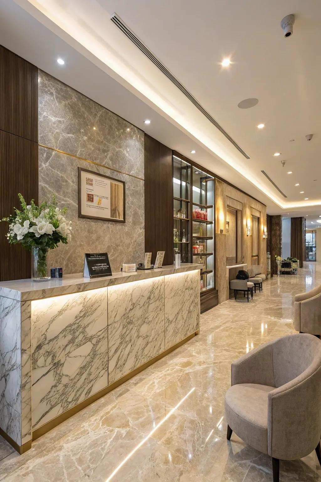 A salon reception featuring luxurious materials, adding elegance and sophistication.