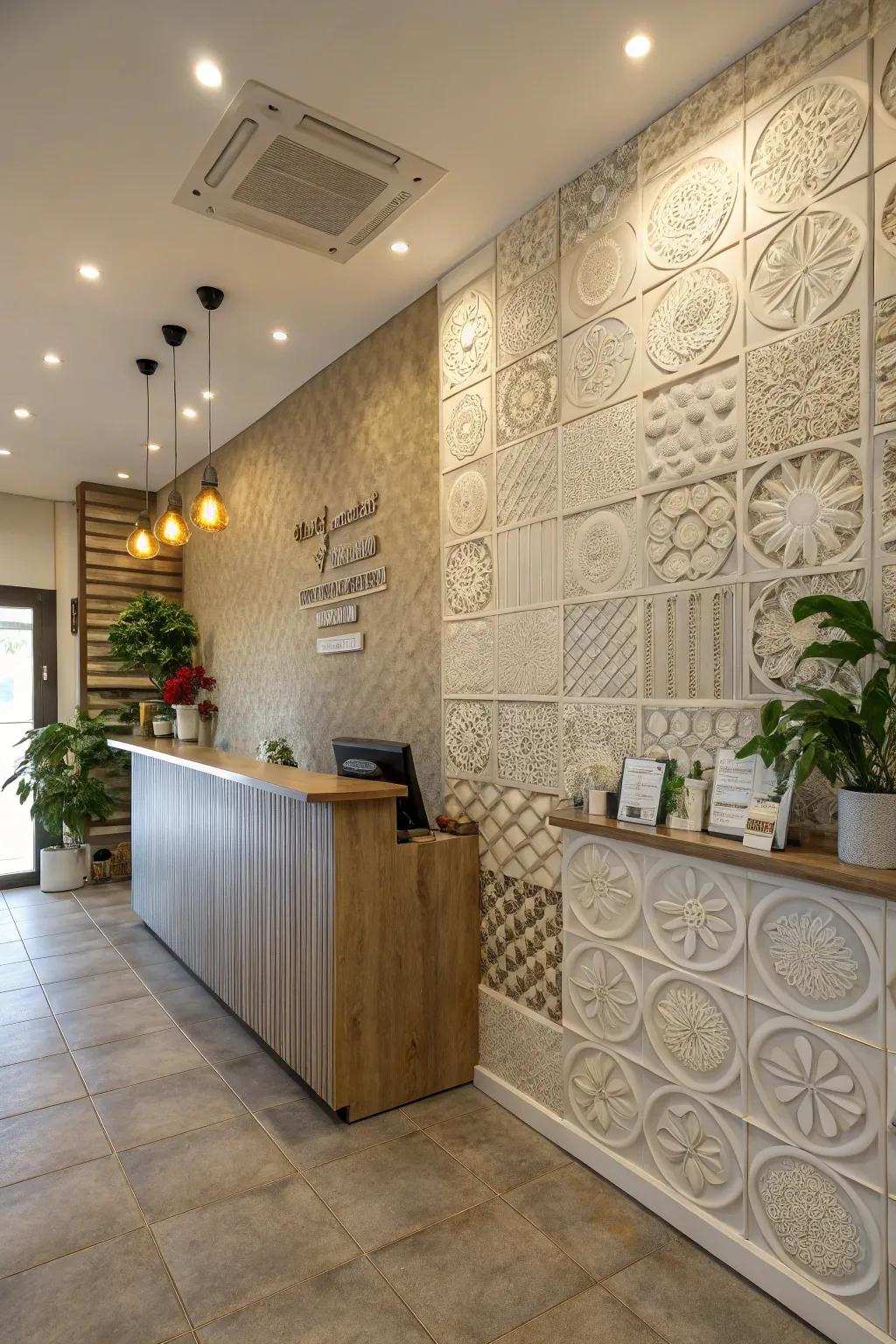 A salon reception featuring unique wall finishes that add depth and character.