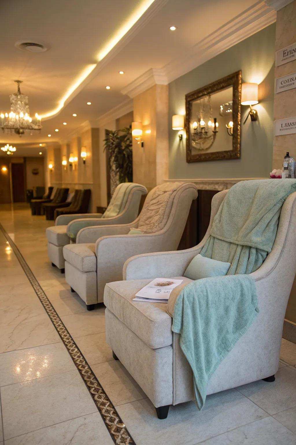 A salon reception providing comfy lounge furniture for client relaxation.