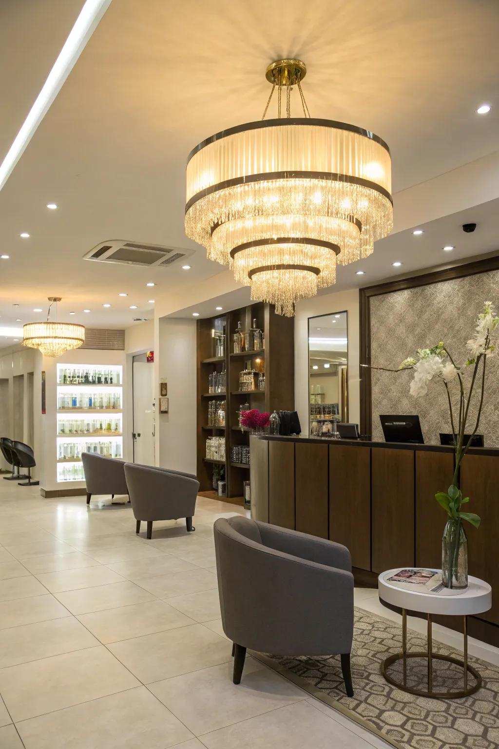 A salon reception showcasing an eye-catching statement light.