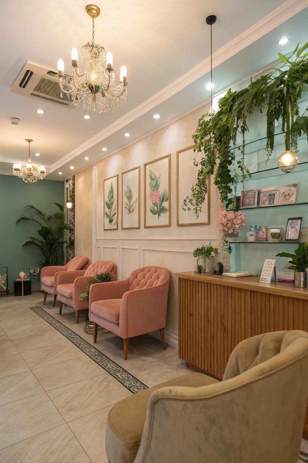 A salon reception with warm colors for a cozy feel.