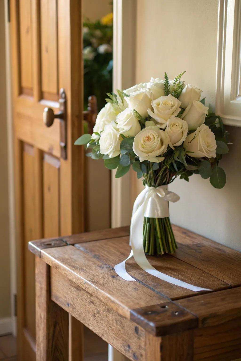 A satin ribbon imparting a touch of sophistication to a rose arrangement.
