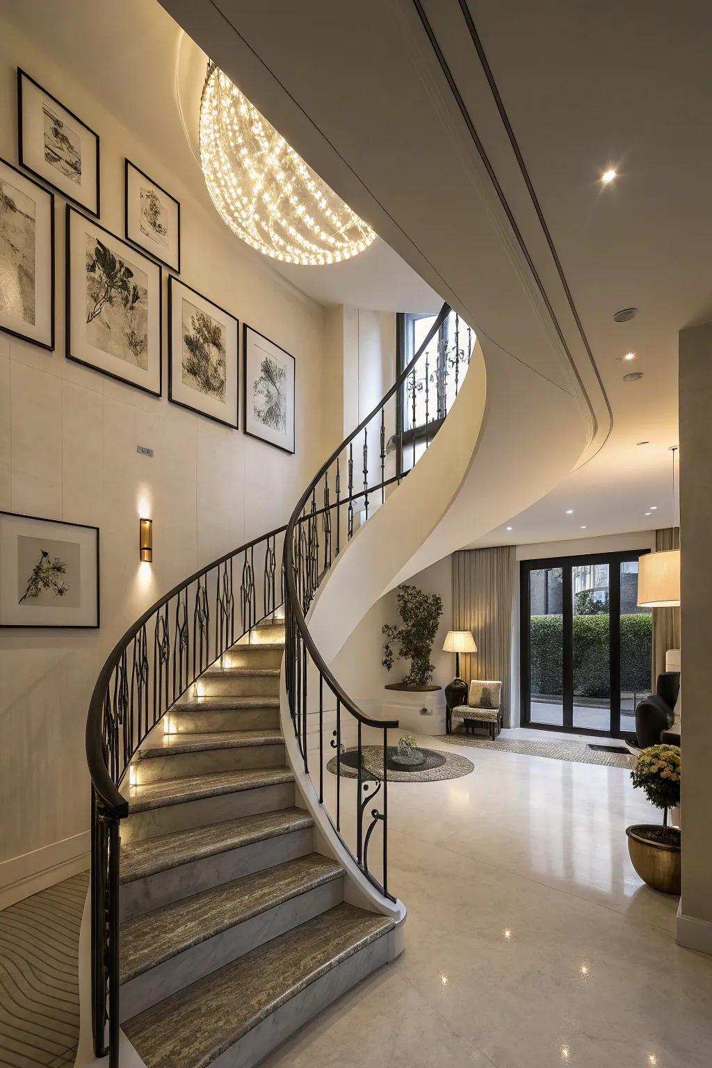 A sculptural stairway functions as a striking statement piece.