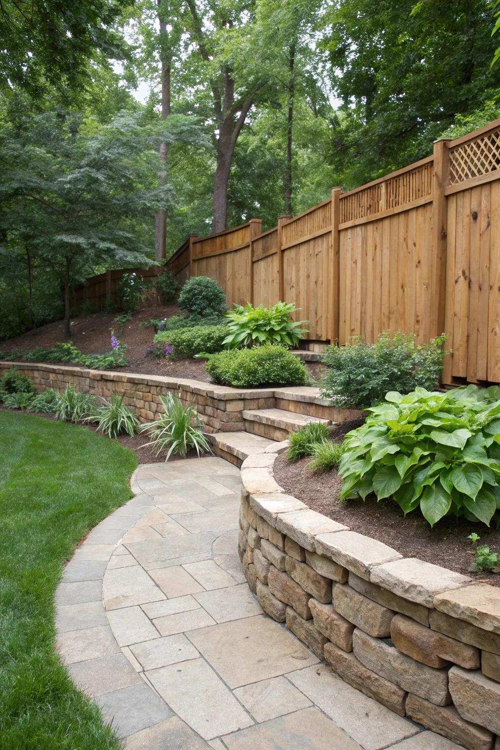 A seamless blend of wood and stone in a backyard environment.