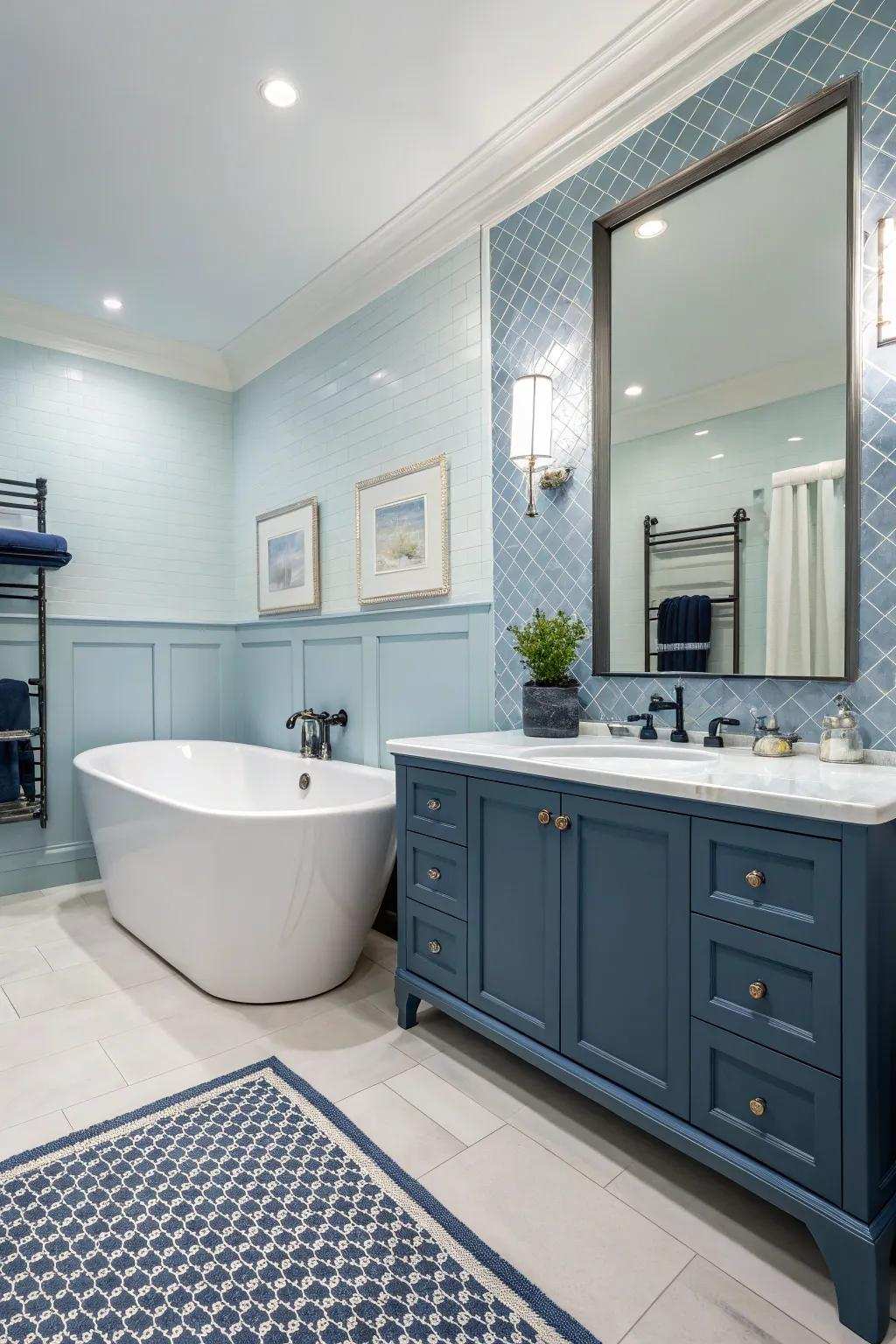 A seamless combination of cerulean and navy results in a classic bathroom ambiance.
