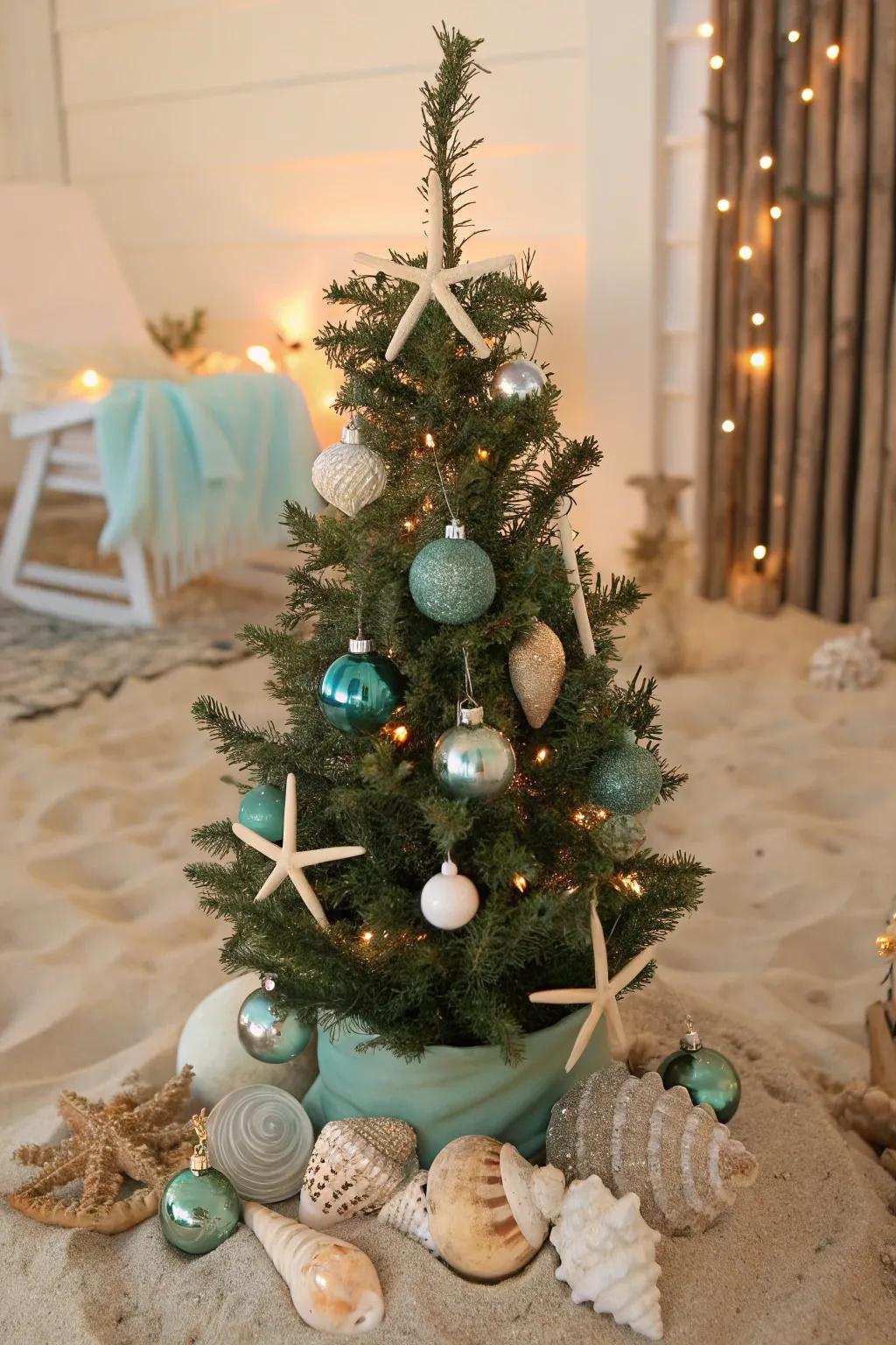 A seaside serenity Christmas bauble tree that conveys the seaside spirit indoors.
