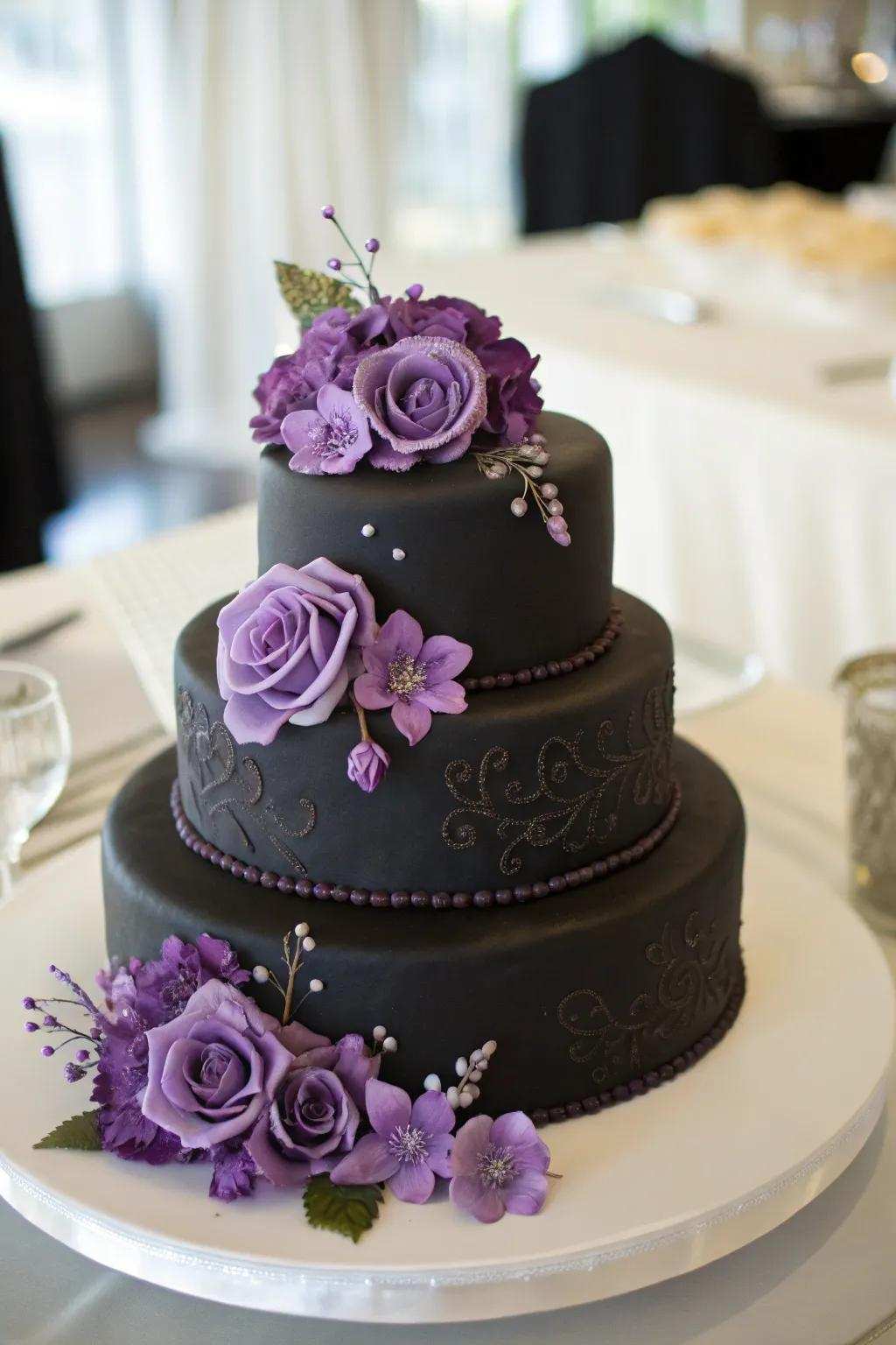 A sensational wedding cake featuring onyx fondant and violet floral highlights.