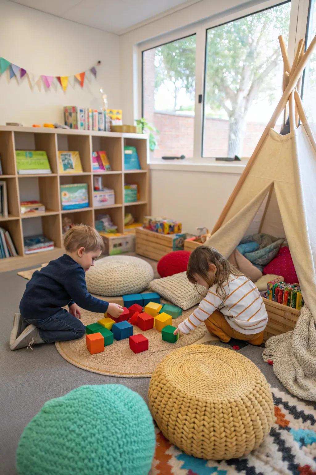 A sensory activity zone invites play and mindful exploration.