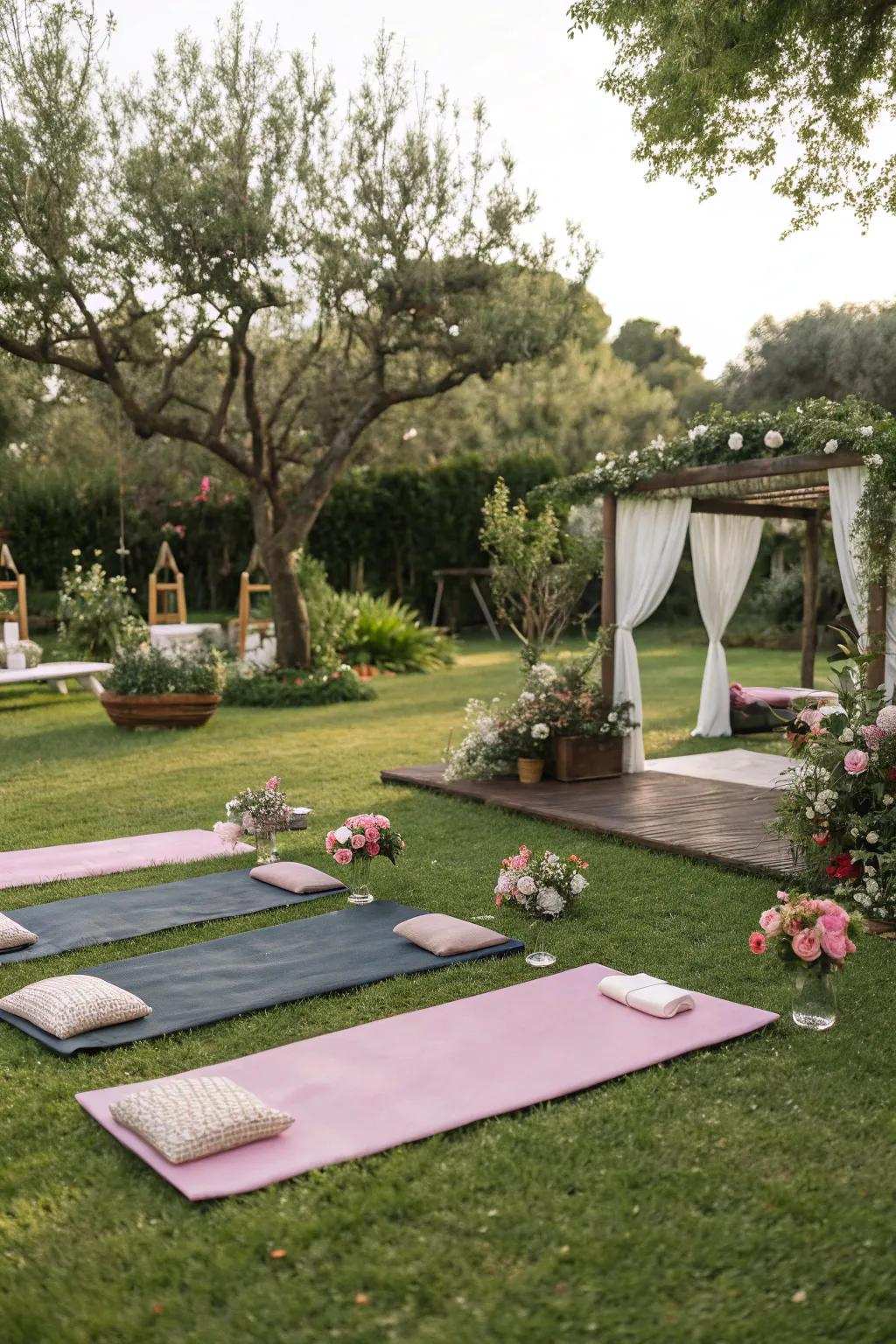 A serene garden mindfulness retreat arrangement for relaxation.