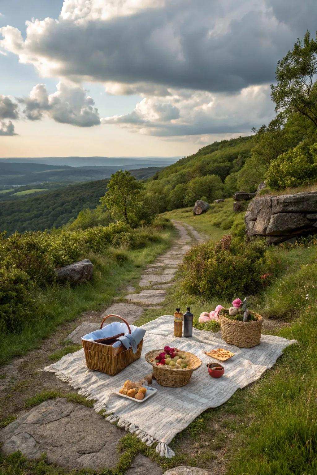 A serene nature excursion and picnic arrangement in a scenic location.