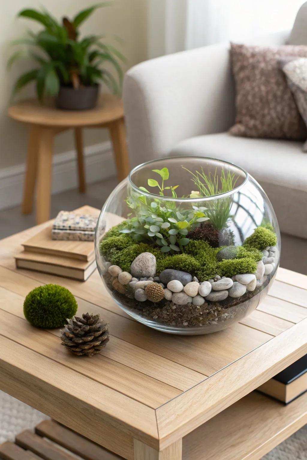 A serene tiny stone and moss display, excellent for fostering a calming ambiance.