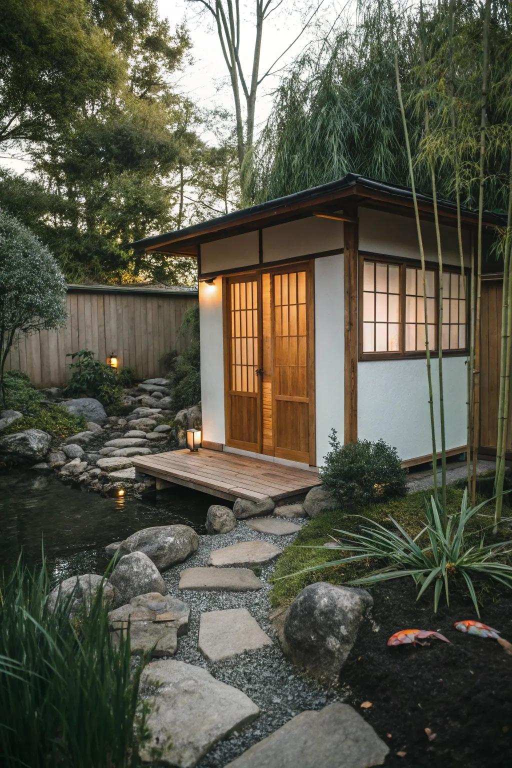 A serene, Zen-inspired writing shed perfect for reflection and creativity.