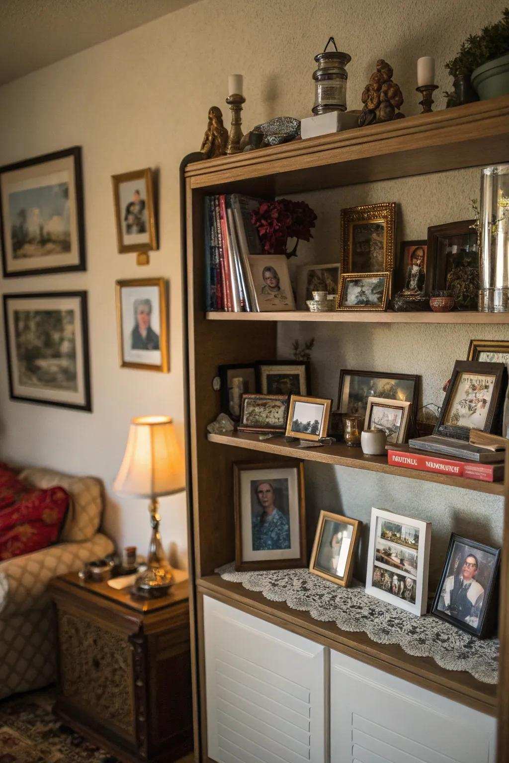 A shelf adorned with personal and significant items.