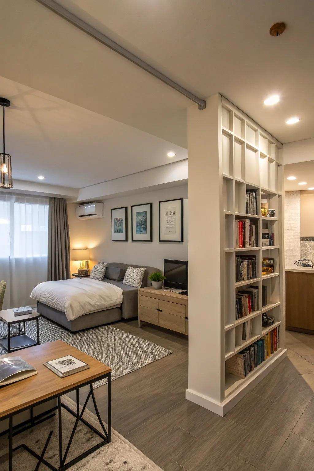 A short wall separates the space while still feeling open.