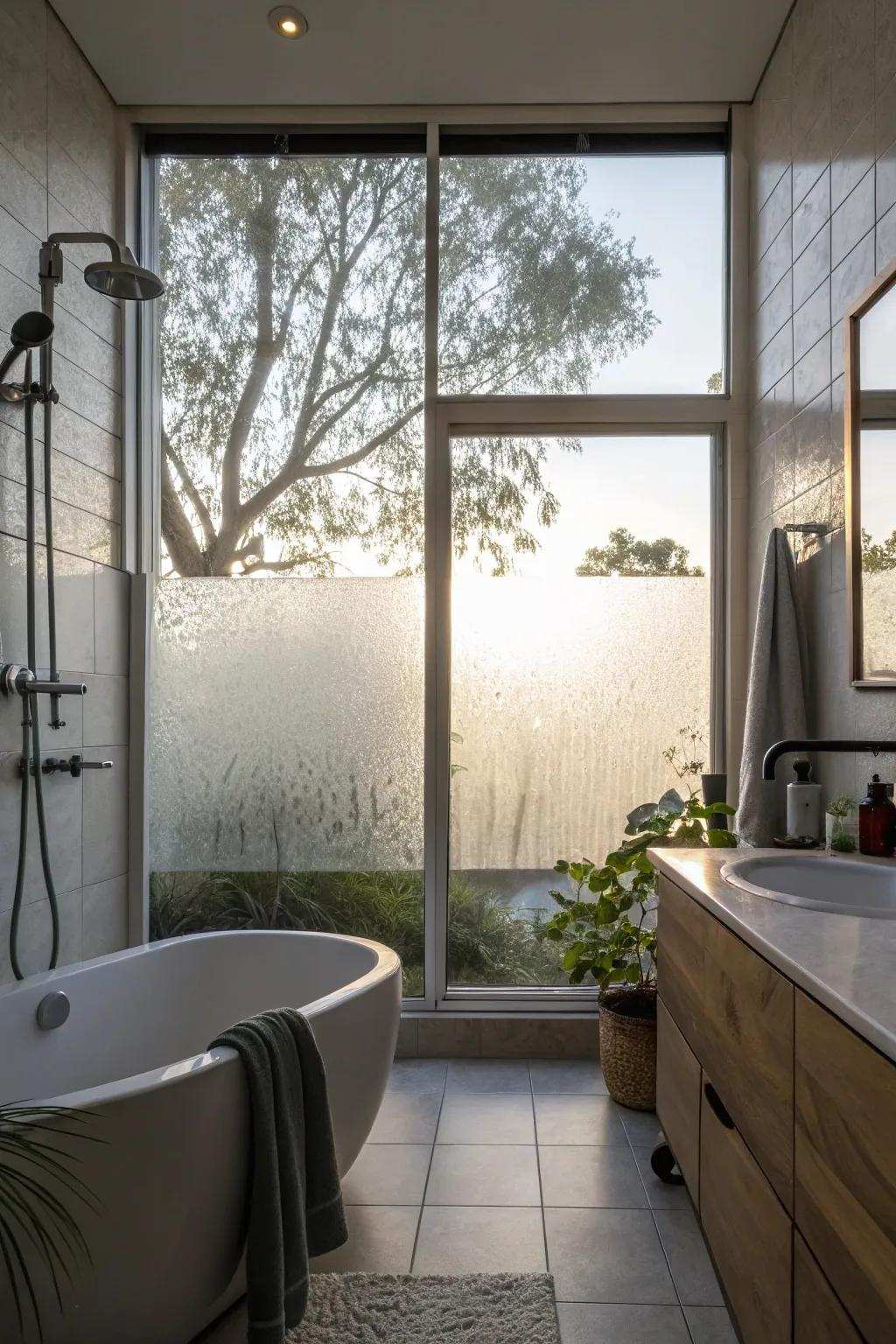 A shower featuring a frosted glass window that provides solitude while still allowing for the transmission of diffuse natural light.