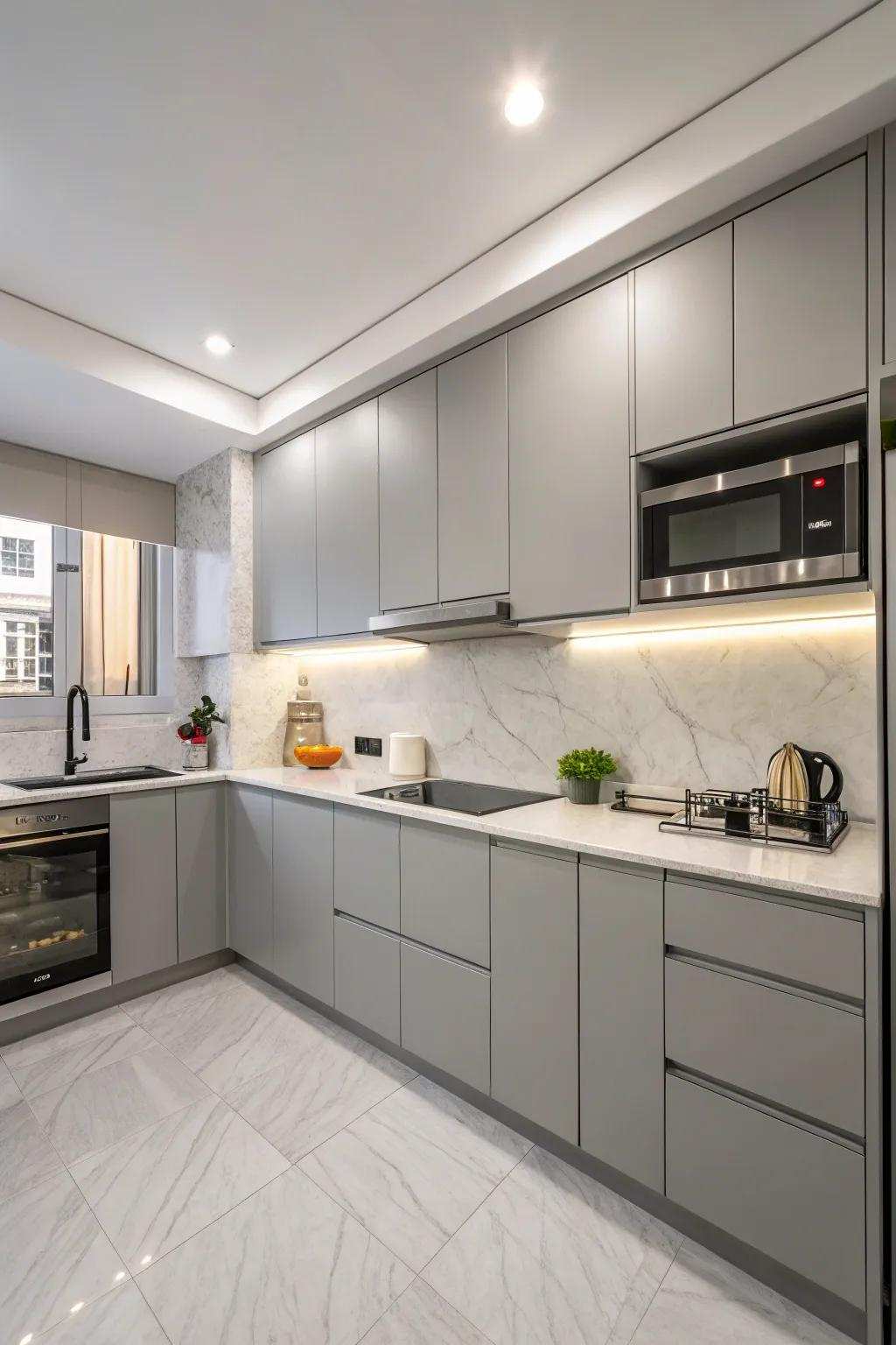 A simple aesthetic with gray cabinets fashions a serene space.