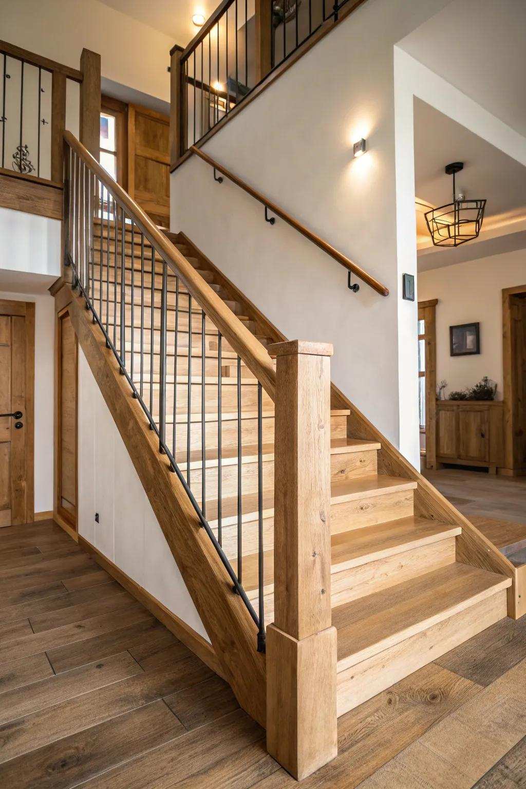A simple country staircase that accentuates unpretentiousness and natural allure.