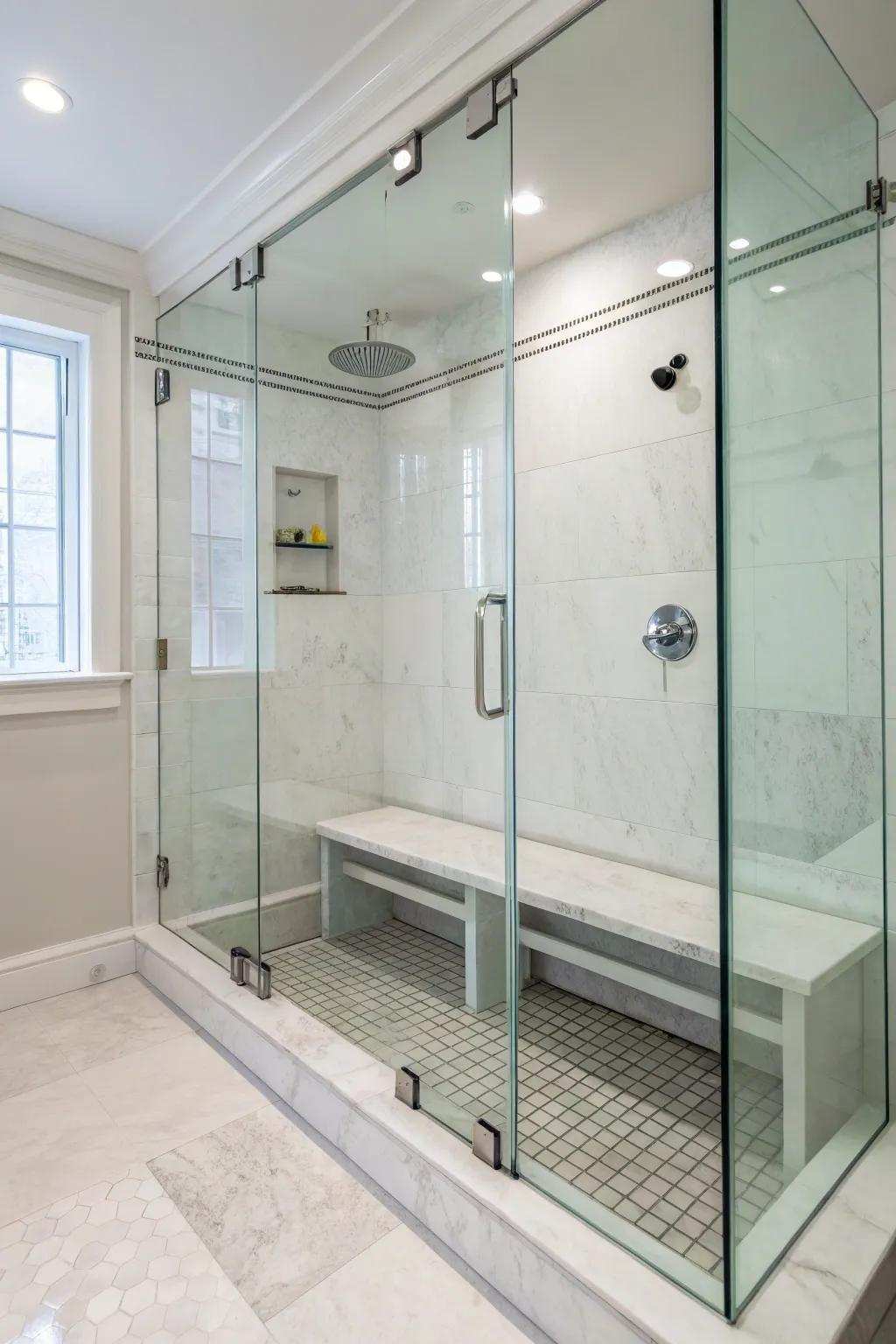 A simple glass bench amplifies space and light within the shower.