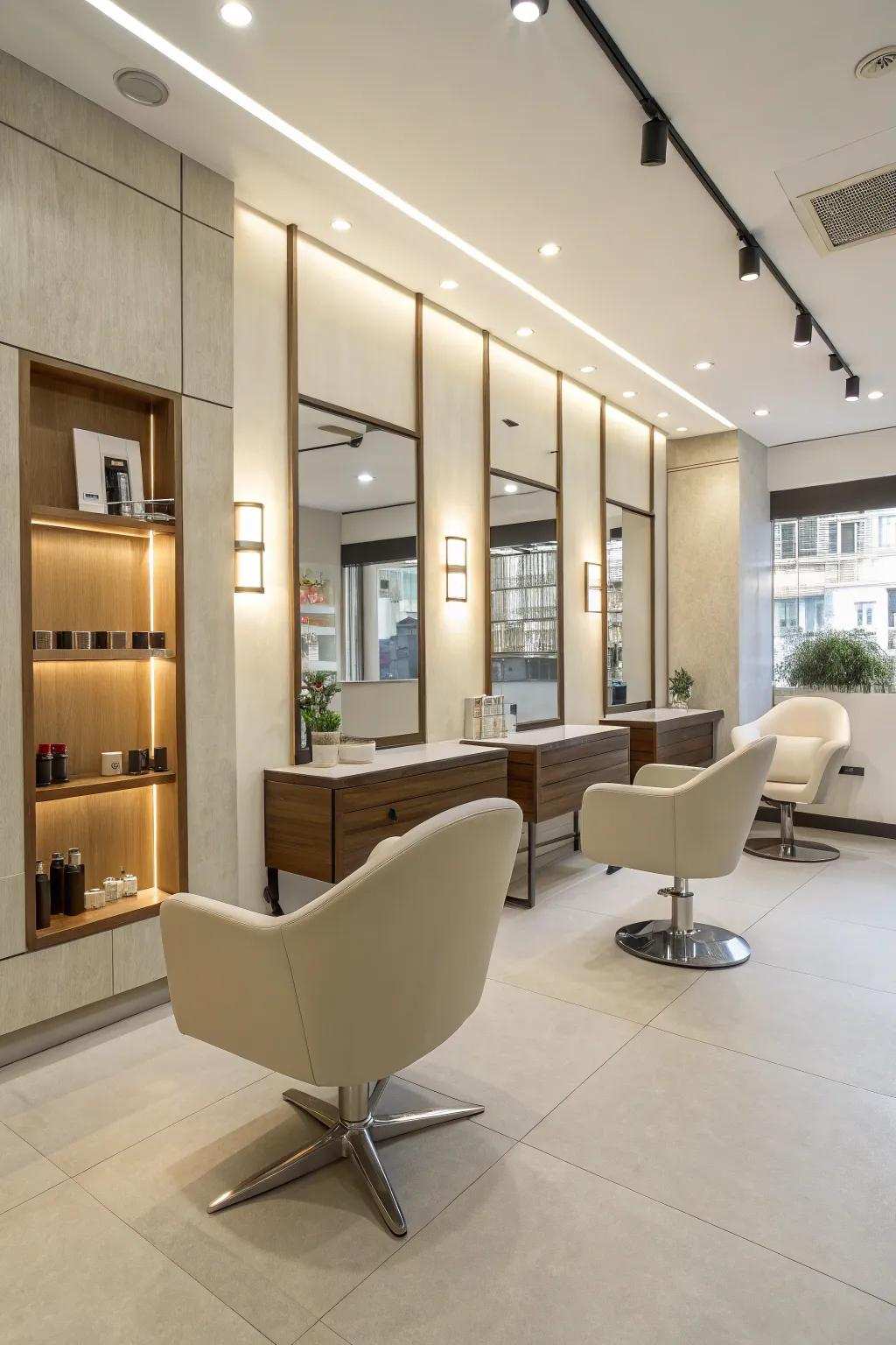 A simple salon reception featuring streamlined furnishings and a soothing, neutral color scheme.