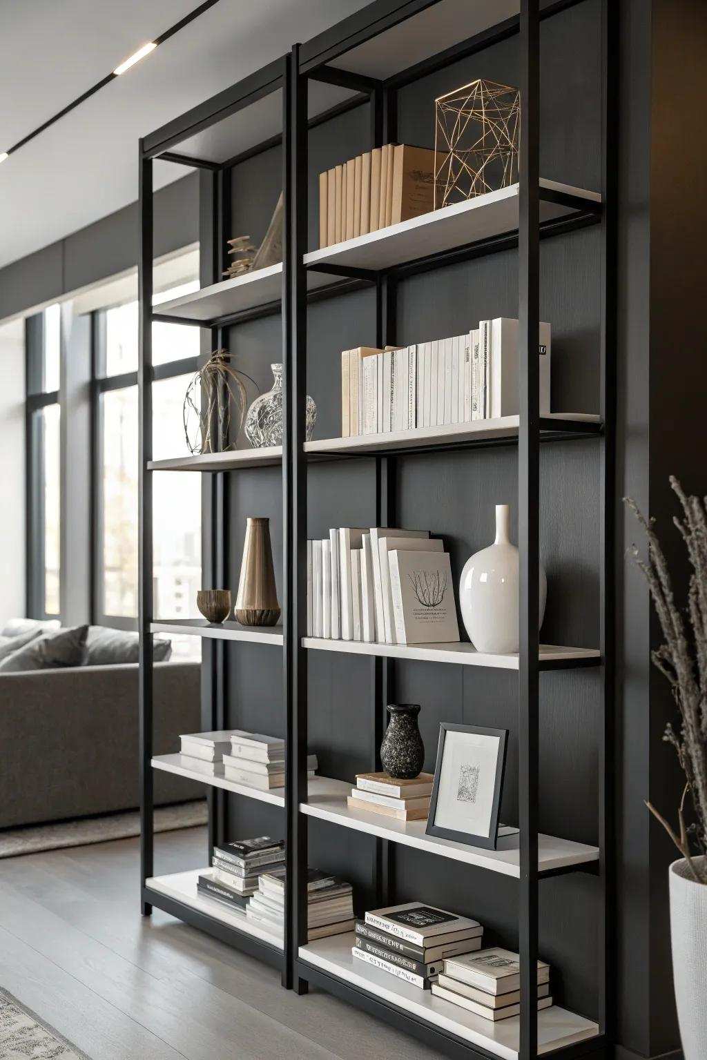 A single-color palette crafts a smooth and contemporary bookshelf aesthetic.