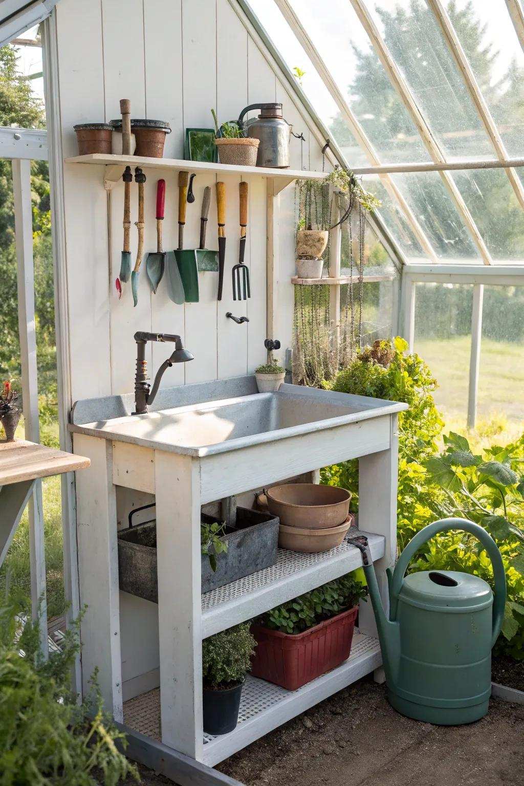 A sink and garden tool station that improves organization and efficiency.