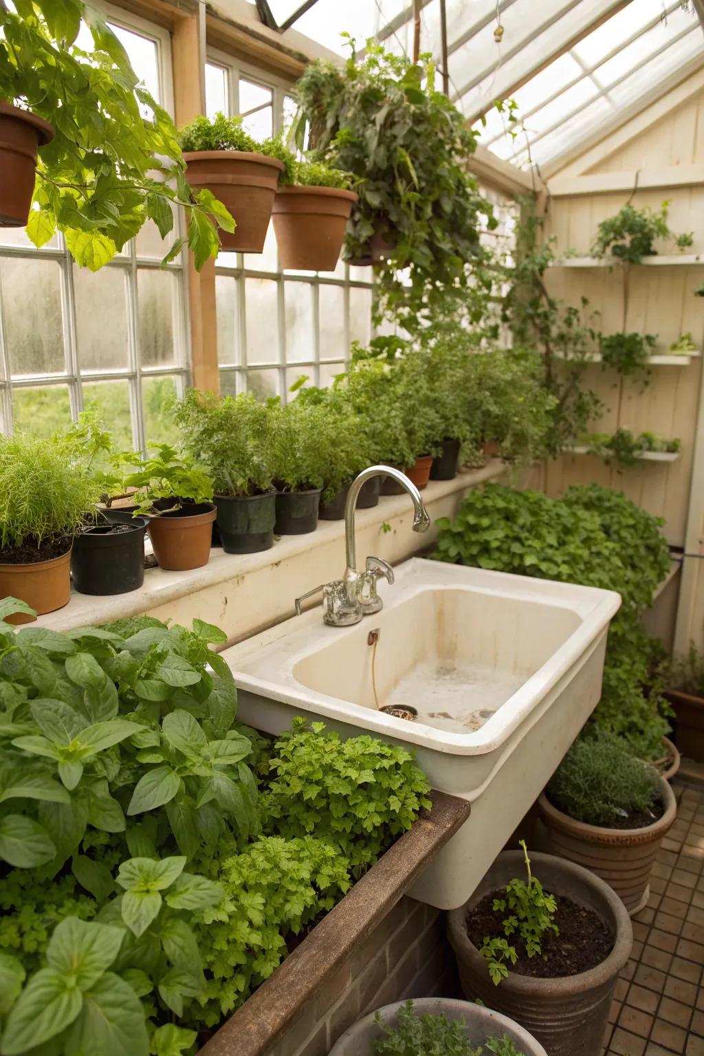 A sink and herb garden combination that provides both function and flavor.