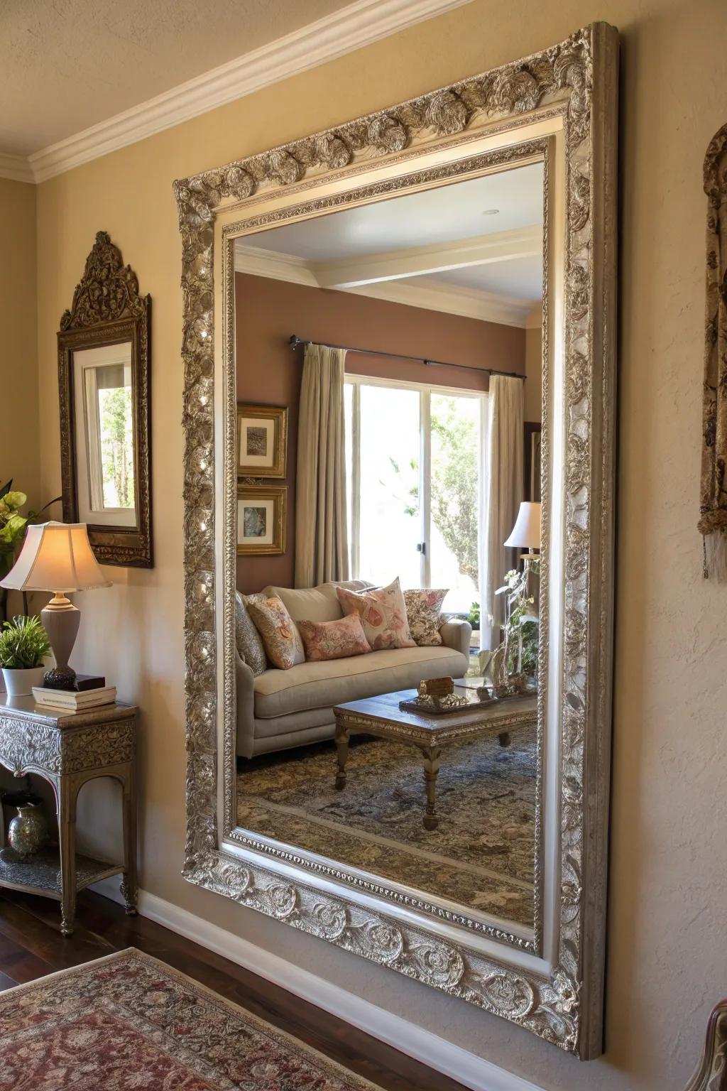 A sizable mirror reflecting illumination to brighten the family room.