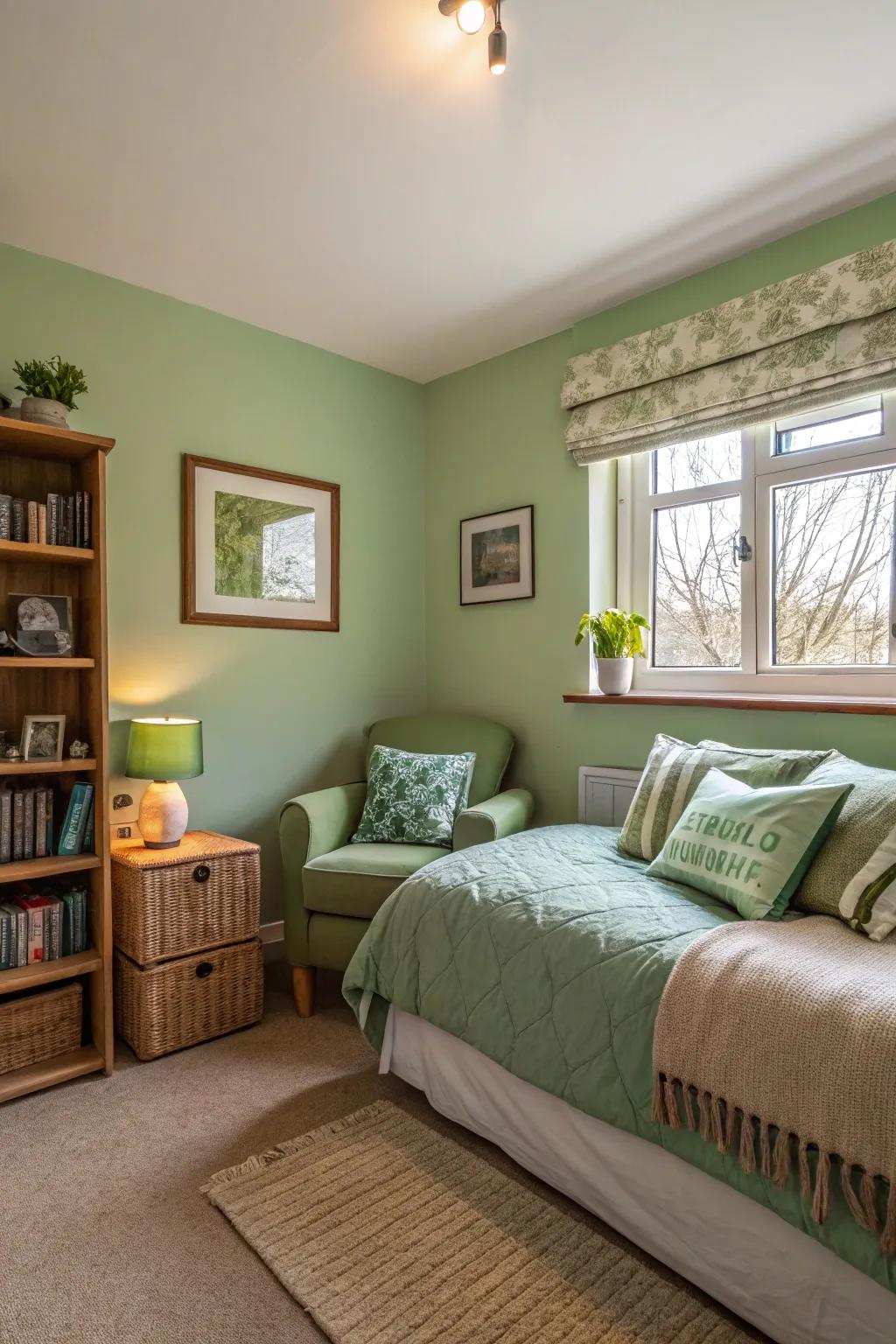 A small bedroom enhanced by subtle verdant accents for a cozy vibe.