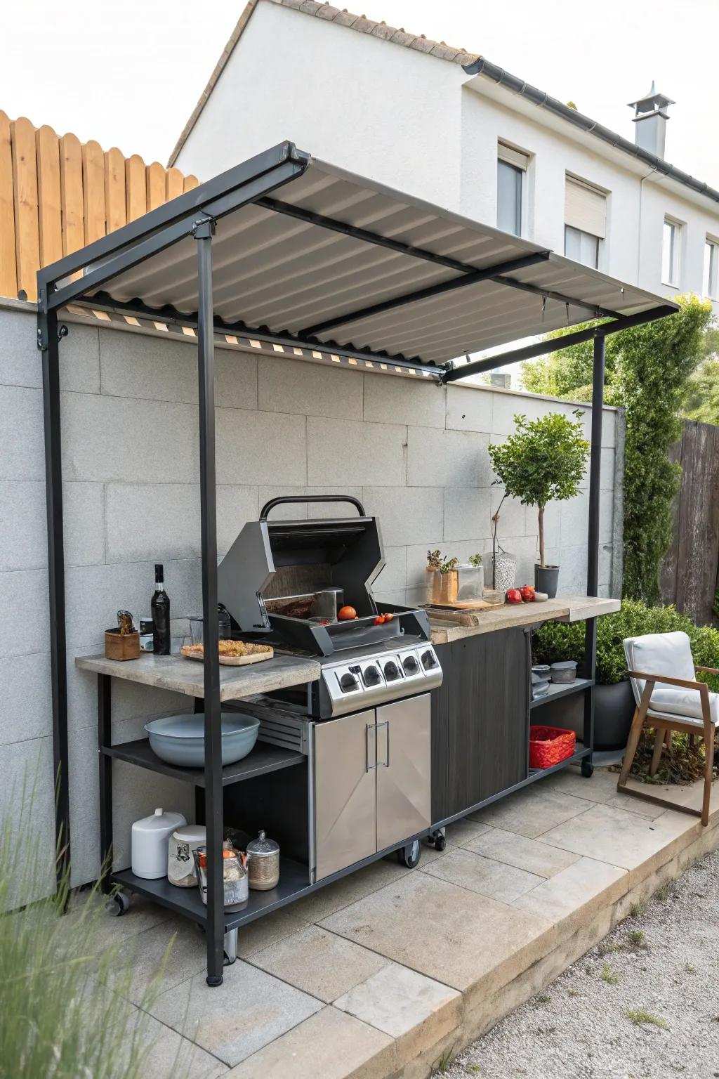 A small canopy delivers concentrated protection for grilling in small spaces.