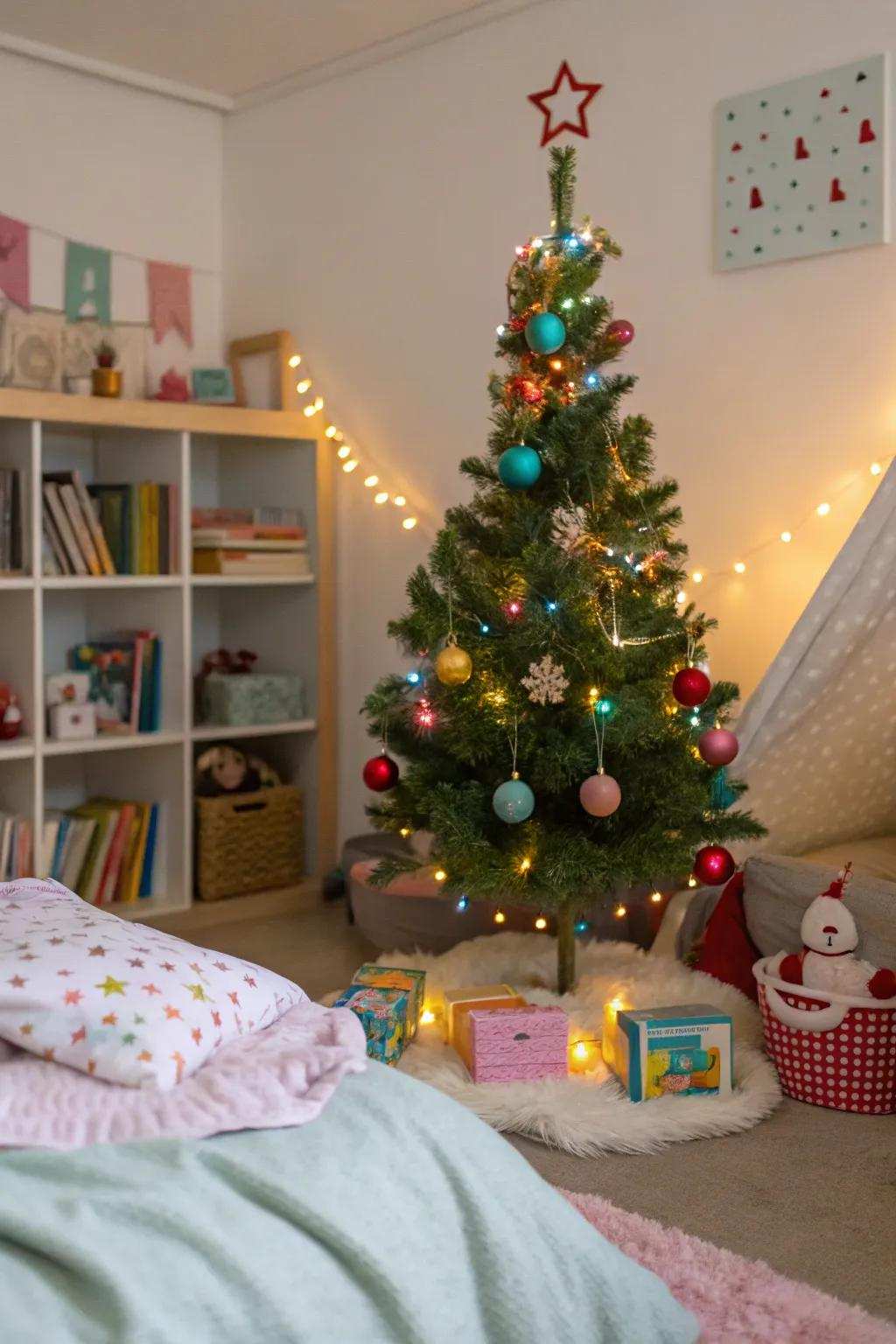 A small Christmas tree in a child's space.