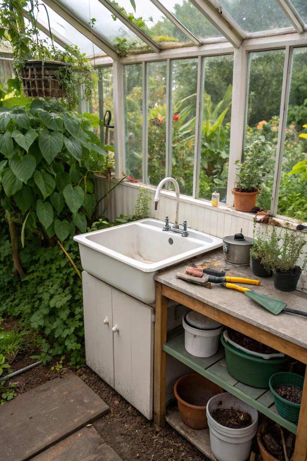 A small corner sink that maximizes area in a small greenhouse.