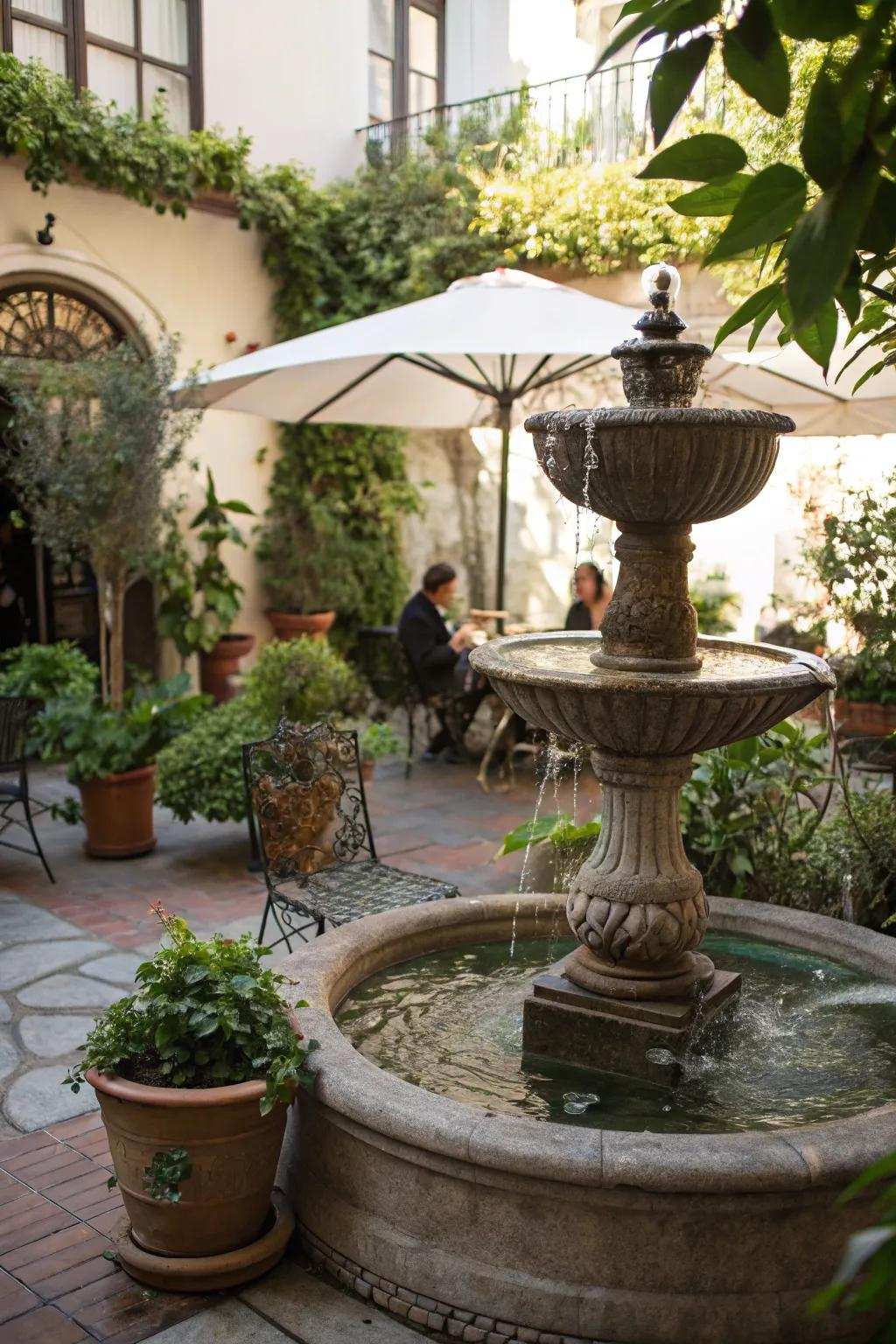 A small-scale water feature adding charm to a cozy patio.