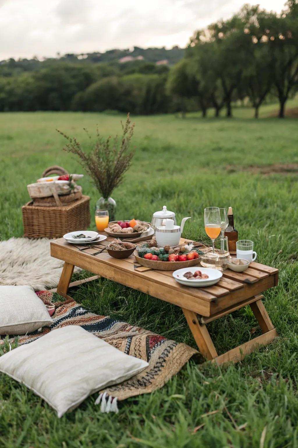A small timber table offers an ideal surface for picnic delights.