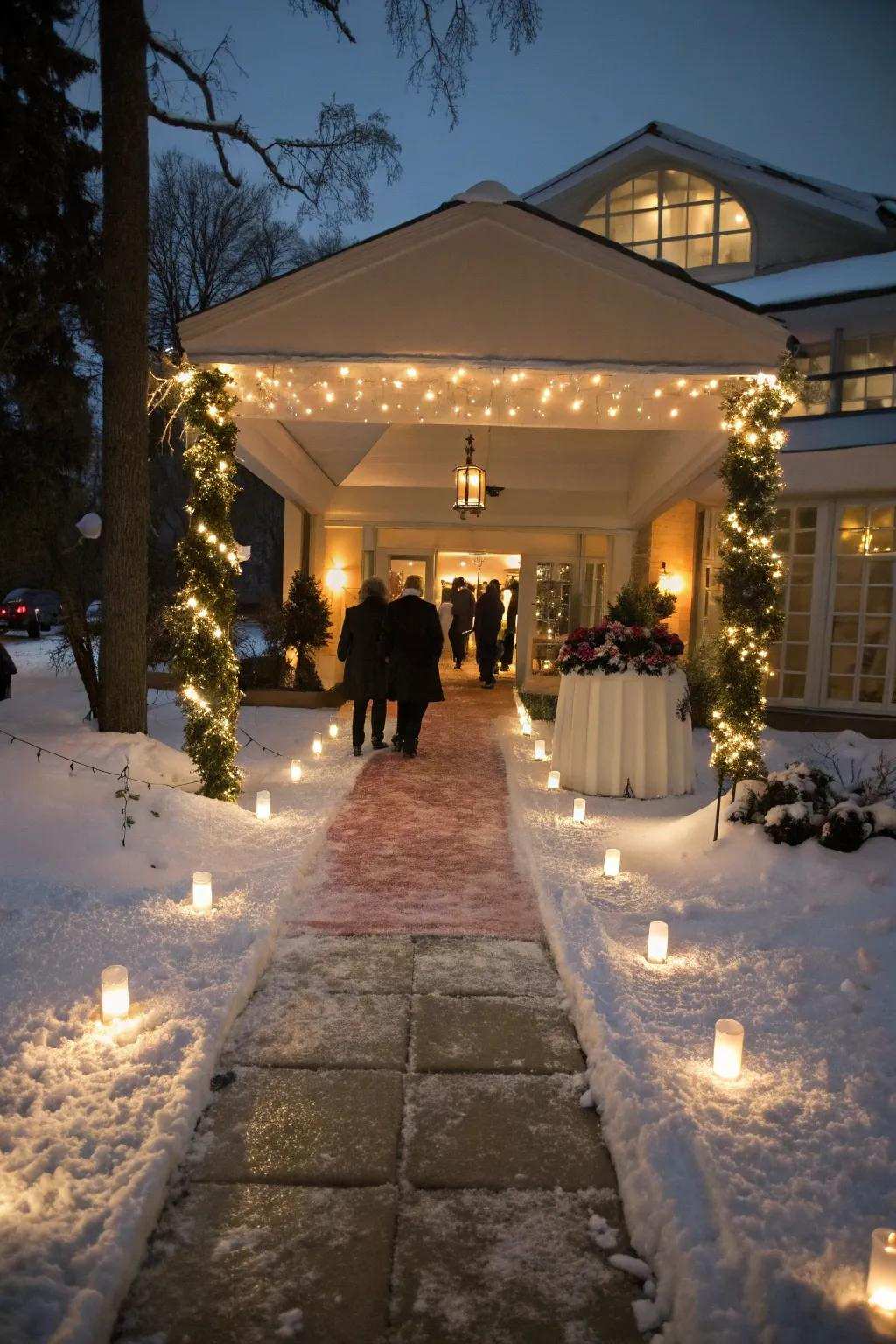A snowy pathway establishes the setting for a spellbinding gateway.