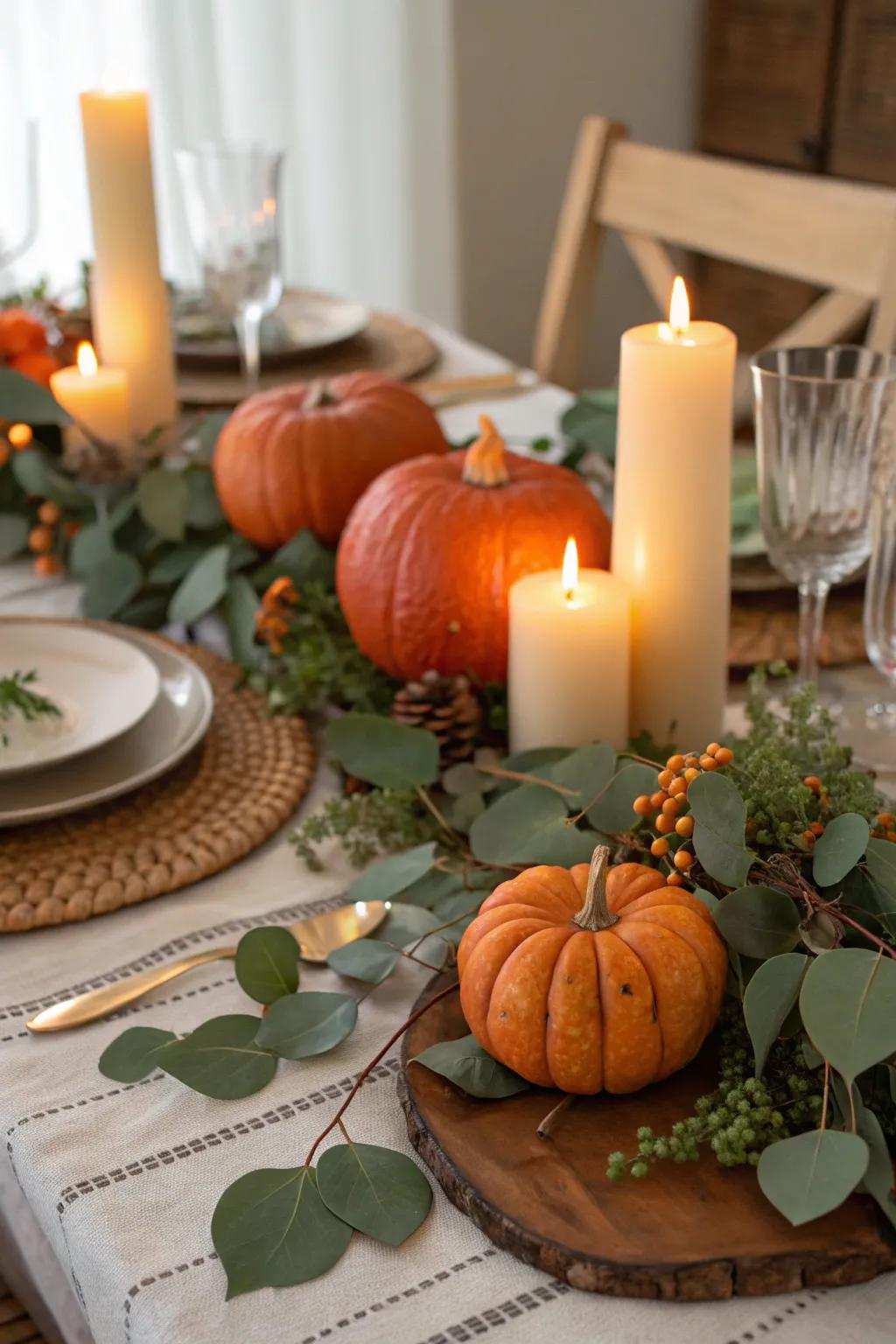 A snug and sophisticated ornamental pumpkin arrangement for Thanksgiving.