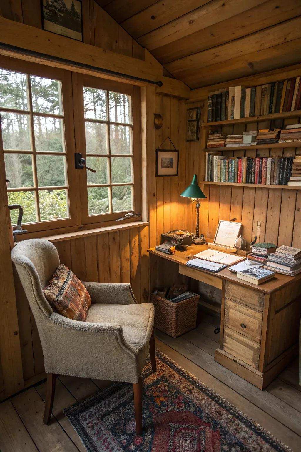 A snug and welcoming writing shed, ideal for concentrated work.