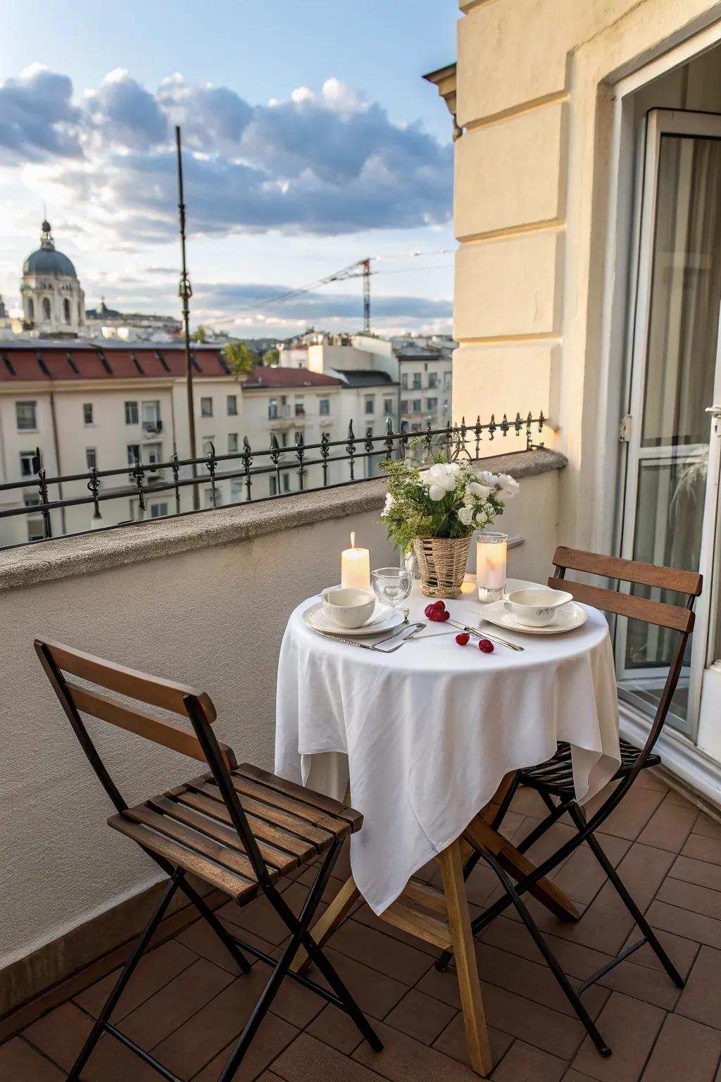 A snug eatery setup on a petite balcony.