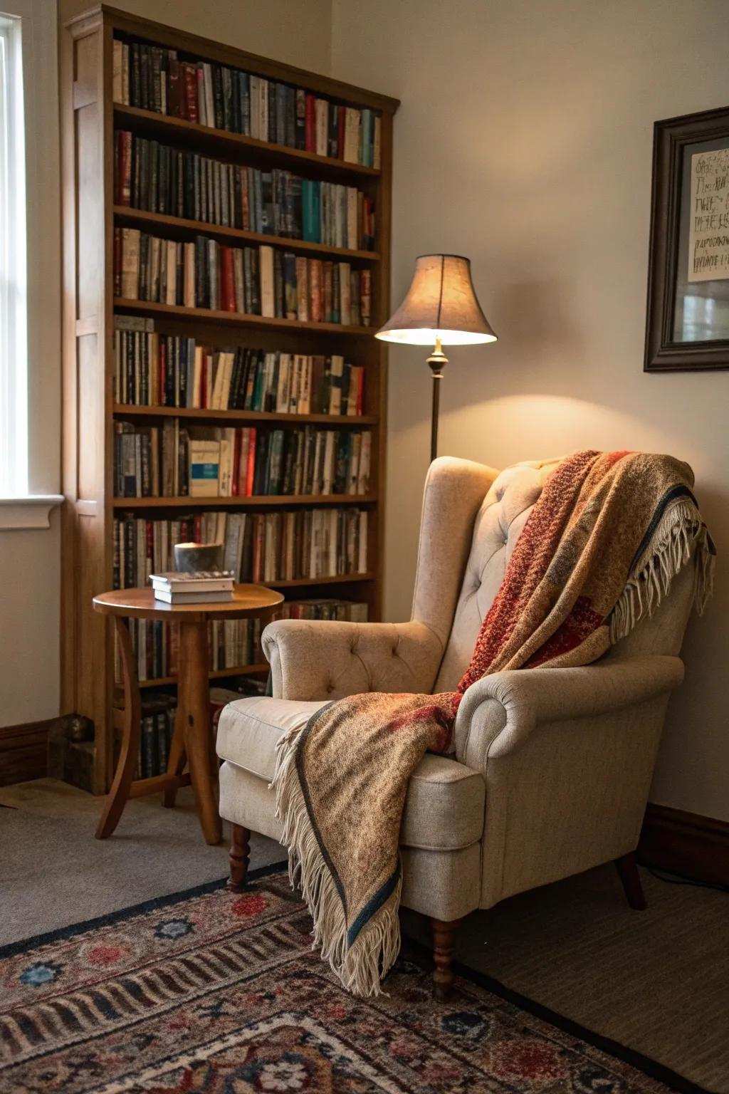 A snug reading corner designed for book enthusiasts to unwind and relax.