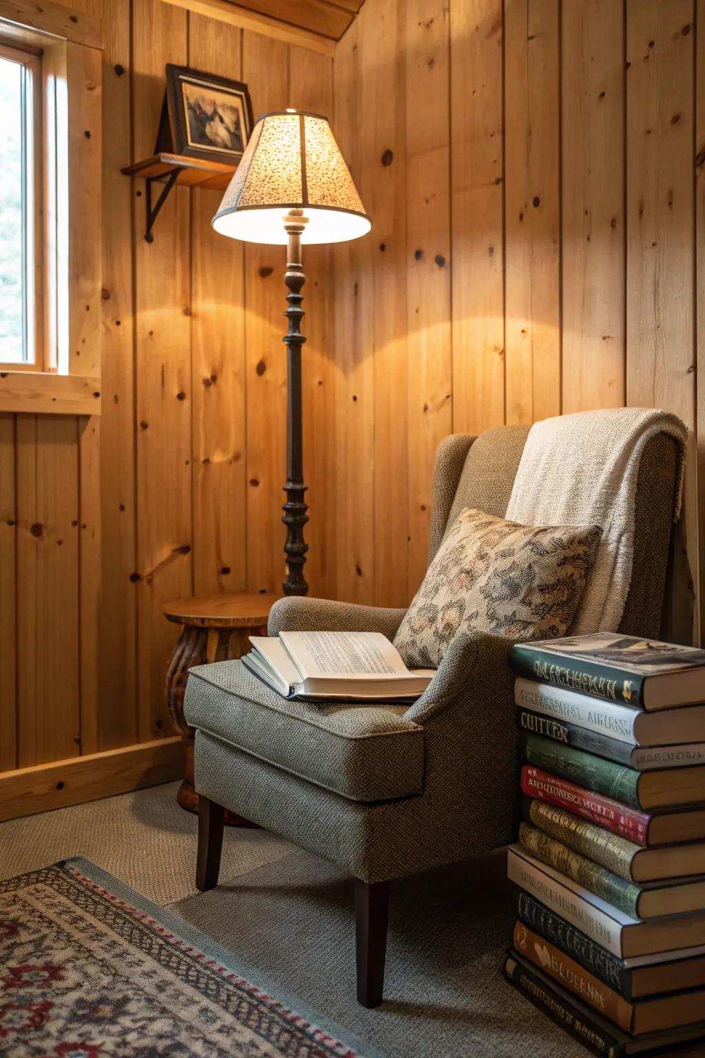A snug reading corner perfect for relaxation inside a pine cladding cabin.