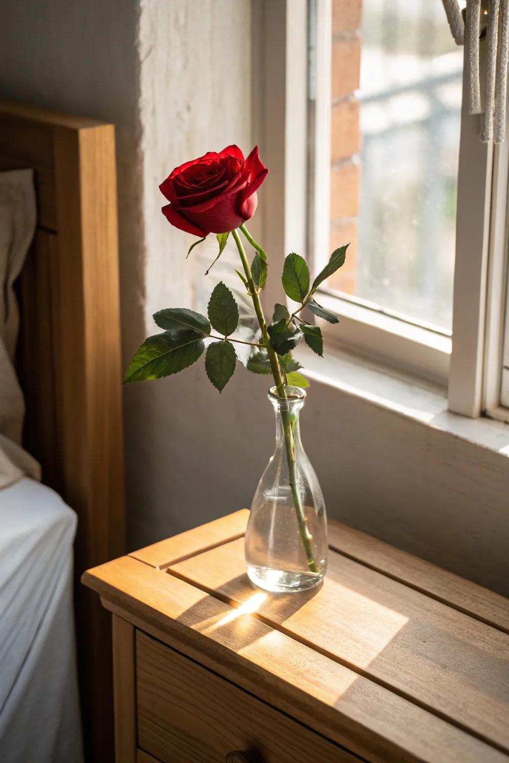A solitary red rose in a vase, embodying minimalist sophistication.
