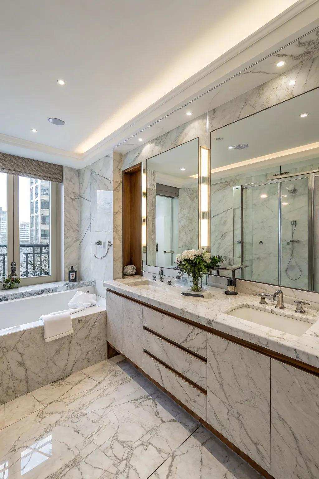 A sophisticated bathroom featuring marble countertops and walls.