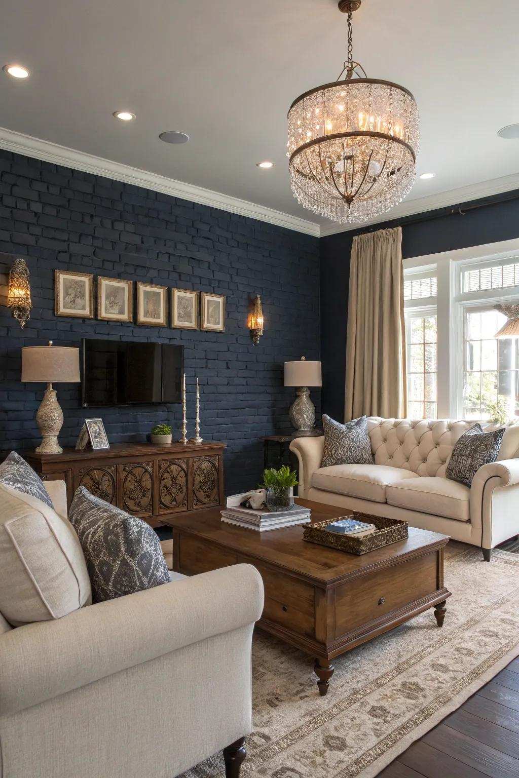 A sophisticated living area enhanced by a dark blue brick wall.