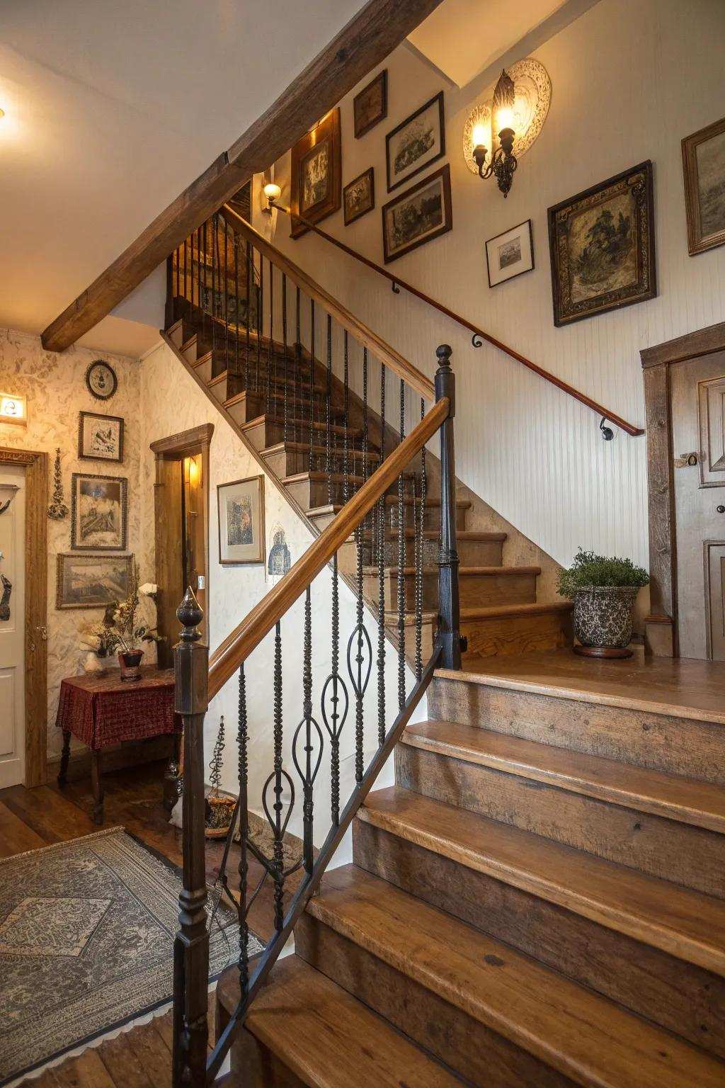 A sophisticated medley of metallic and timber banisters suited for a modern farmhouse aesthetic.
