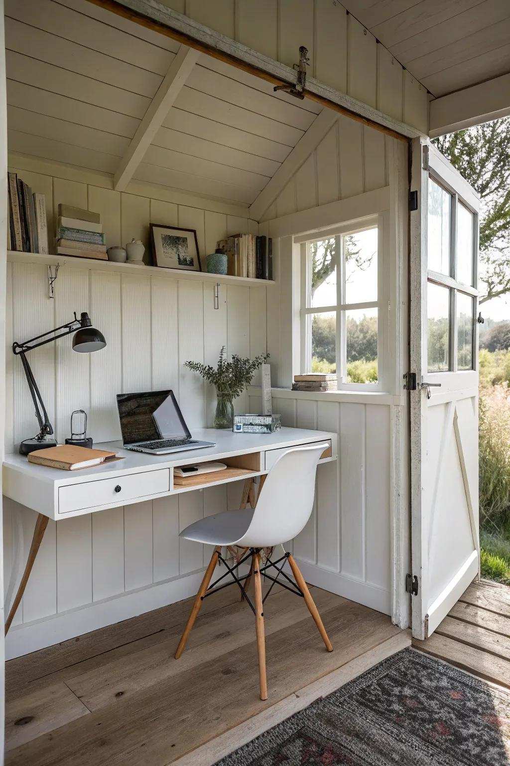 A space-conserving writing shed featuring a stylish overhanging surface.