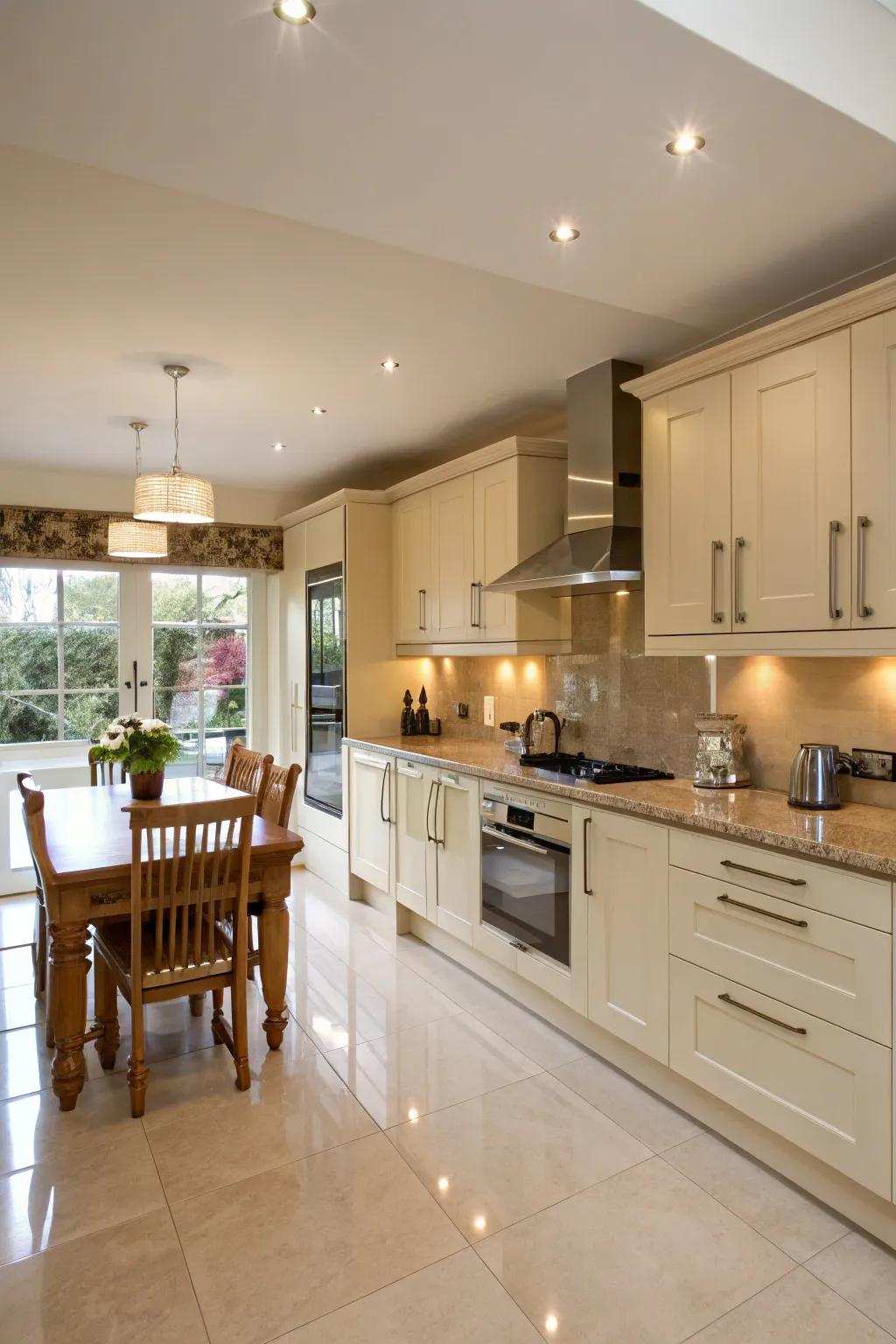A spacious open-plan kitchen that integrates smoothly with living spaces.