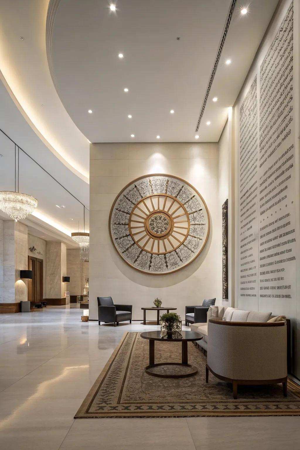 A spacious room featuring a prominent circular statement piece that commands attention.