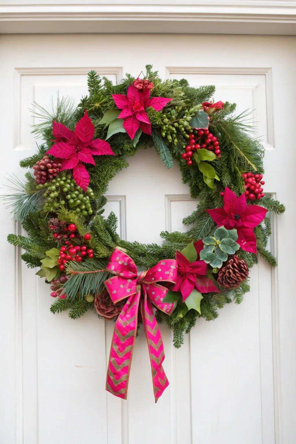 A spirited preppy Christmas garland showcasing brilliant hues.