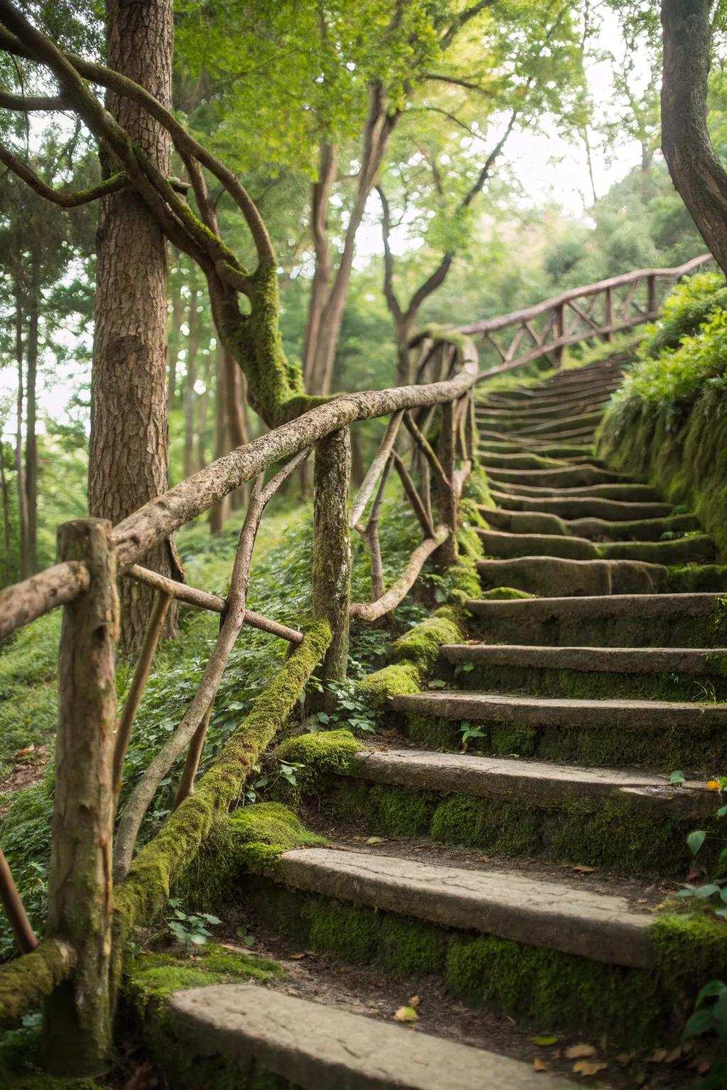 A stair railing design integrating native limbs for an organic sensation.