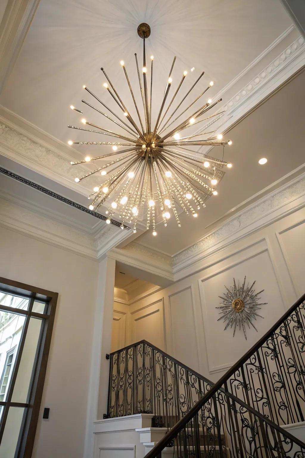A starburst chandelier brings a dynamic, artistic touch to this entryway.