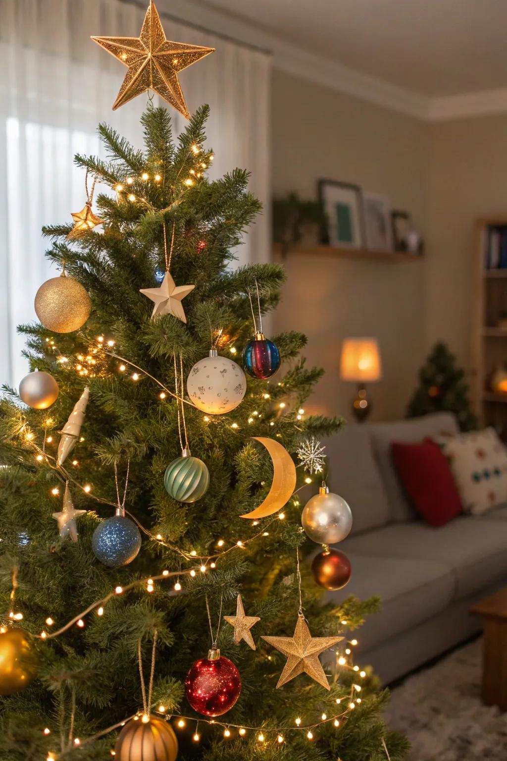 A starry night-themed Christmas tree featuring celestial decorations and lights.